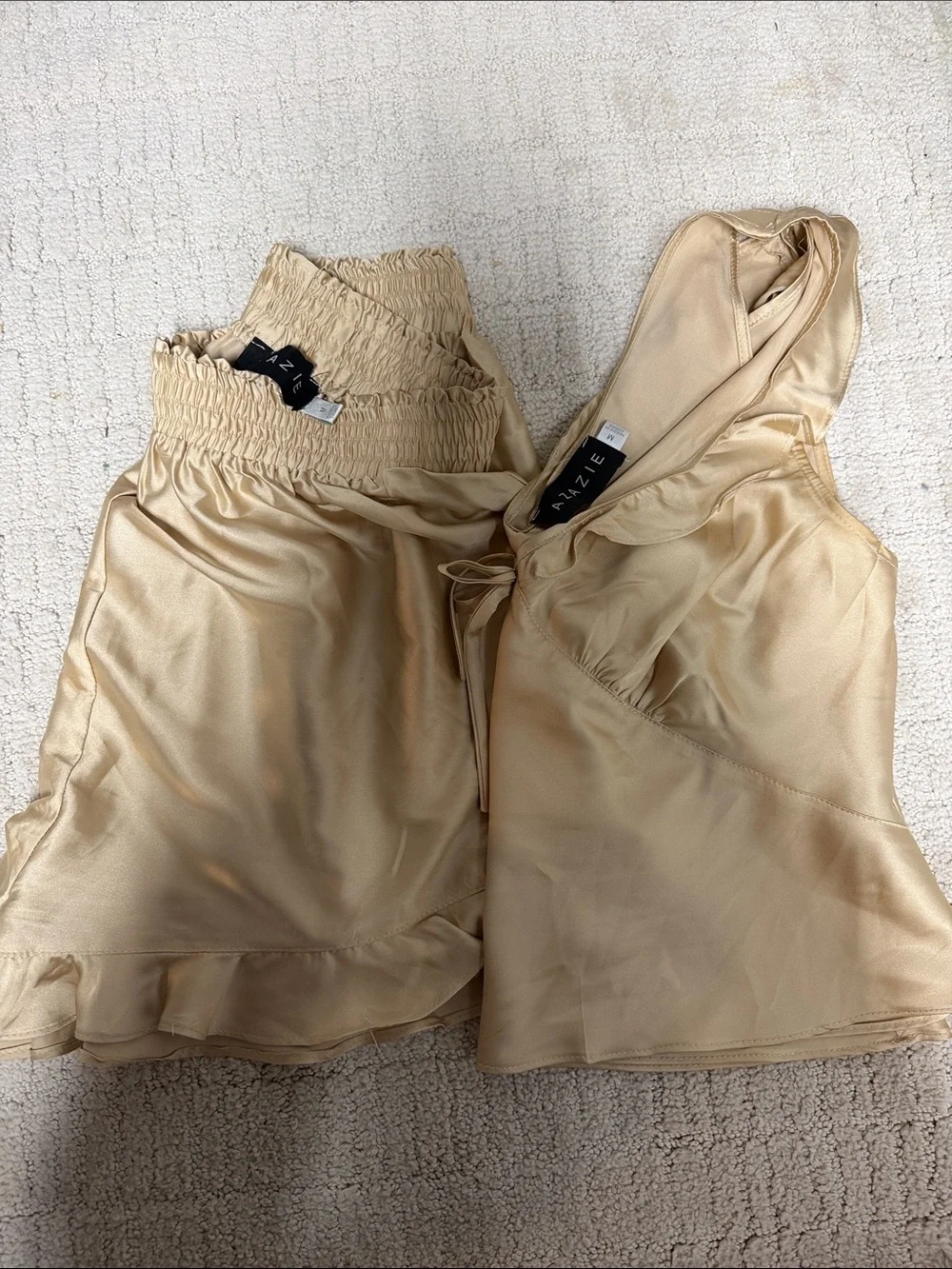 Azazie champagne satin ruffled pajama set